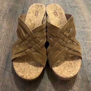 UGG NWT Women's Lilah Wedge Slide Sandal Chestnut Brown Crisscross Suede Size 9